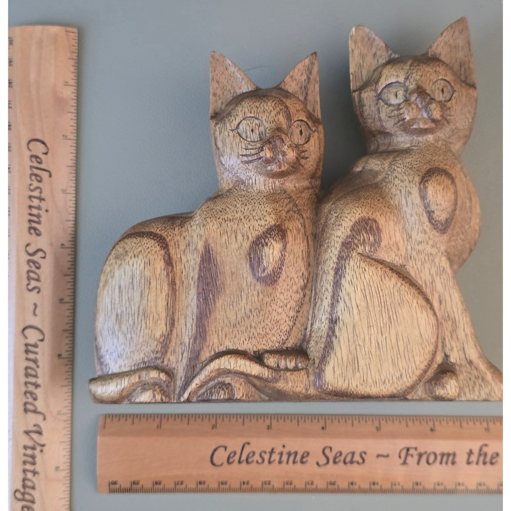 Hand Carved Solid Wood Double Cat Figurine Indonesia Folk Art Sculpture Brown - Picture 5 of 5
